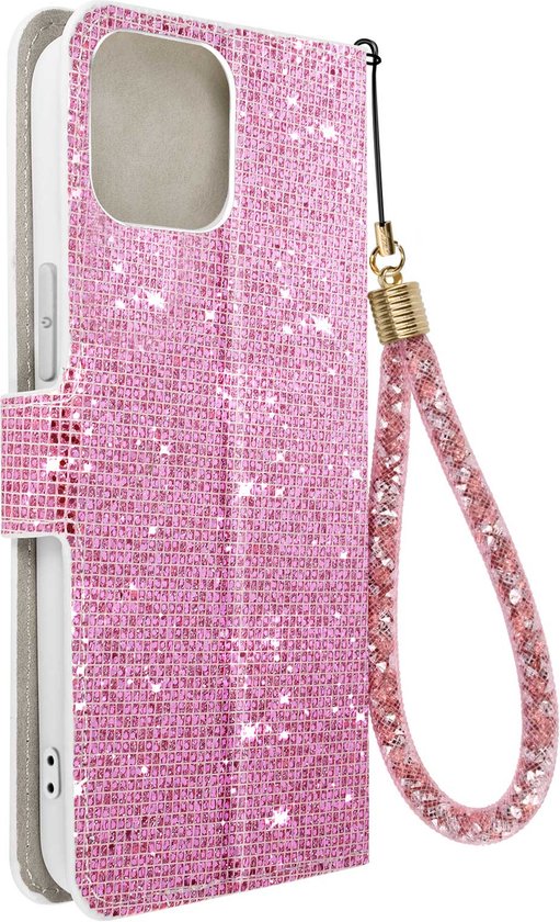 Glitter adaptées à Apple iPhone 15 Plus , portefeuille intégré, édition Disco Glam - Rose