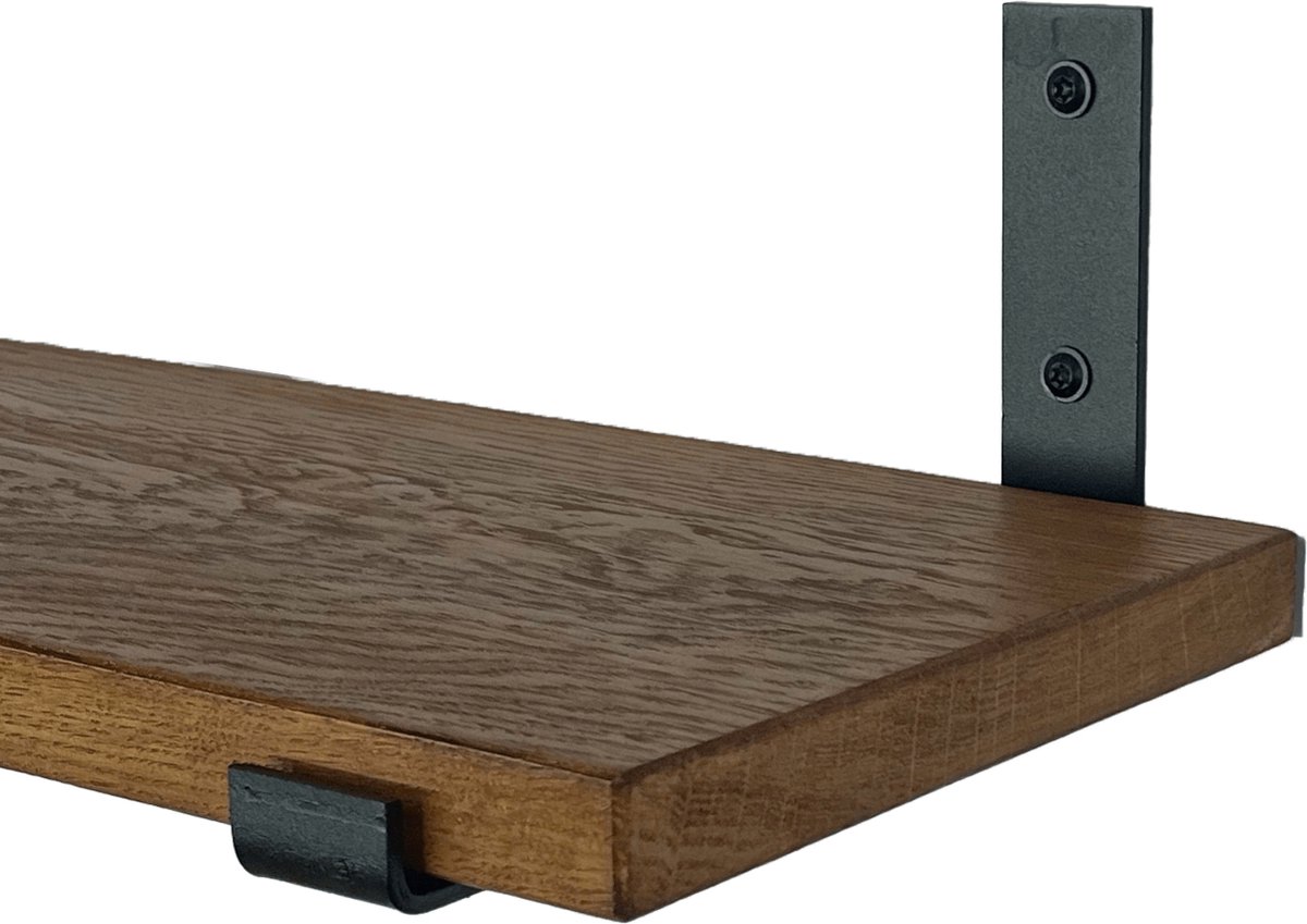 GoudmetHout Wandplank Industrieel - 180 x 25 cm Muurplank - Donker Eiken Hout - Decoratie Wandrek & Boekenrek - Hangplank Keuken - Wall Shelf + 2 Mat Zwarte Plankdragers van Staal Donker eiken - Mat zwart - 25 cm