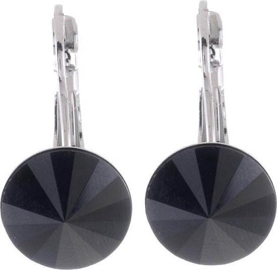 Behave Oorhangers Dames - rond 12 mm diameter - Zwarte Black Diamond Swarvoski Elements Kristal steen – Oorbellen 2.2 cm lang