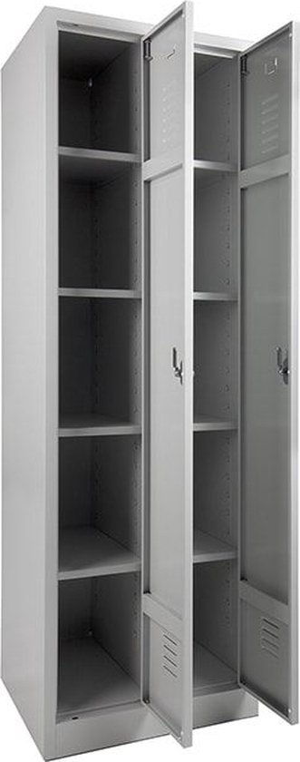 Armoire avec étagères dans toutes les colonnes Nombre de portes 2 Nombre d'étagères 8 Largeur 60CM Hauteur 180CM Couleur cadre Gris clair (Ral 7035) Type de pied Sur socle Serrure Avec fermeture à oeillet