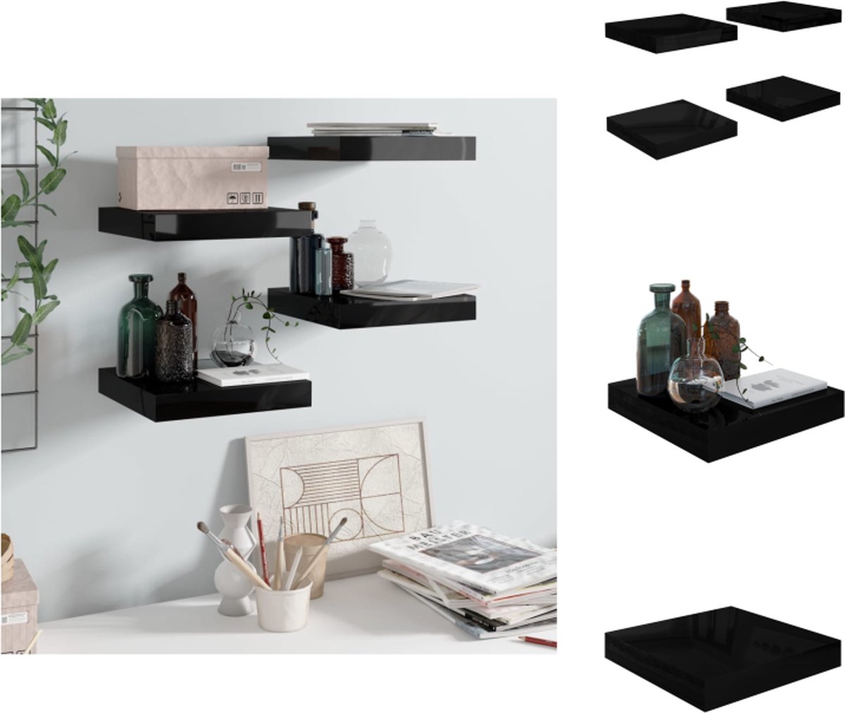 VidaXL Wandplanken Set Trendy Wandplanken 23 x 23.5 x 3.8 cm Ken- Onzichtbaar montagesysteem Kleur- Hoogglans zwart Materiaal- Honingraat MDF en metaal Wandsteun