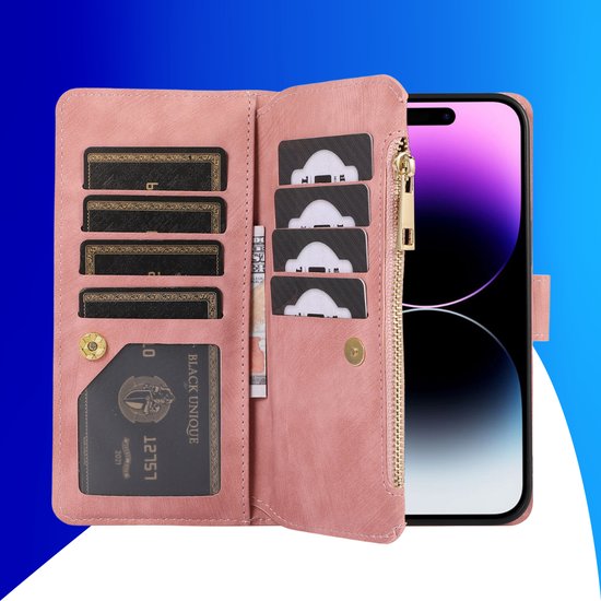 Étui adapté pour iPhone 14 - Bookcase - Porte-cartes - Portefeuille - Cordon - Simili cuir - Rose
