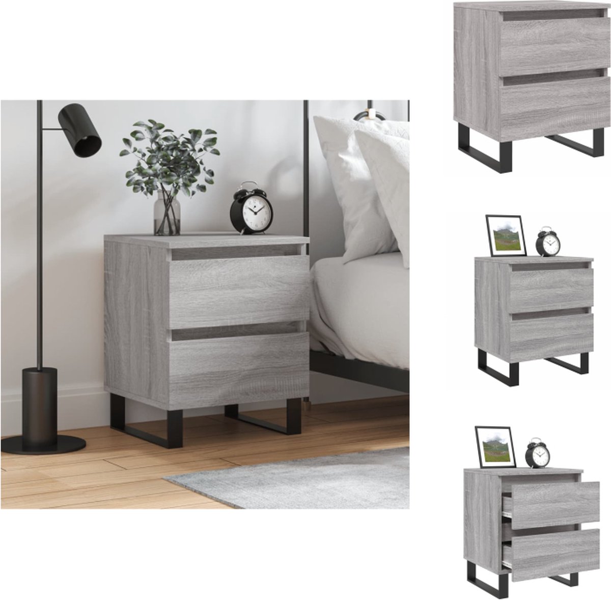VidaXL Nachtkastje Nachtkast 40x35x50 cm Grijs Sonoma Eiken Duurzaam hout Vochtbestendig 2 lades Stabiel blad Kast