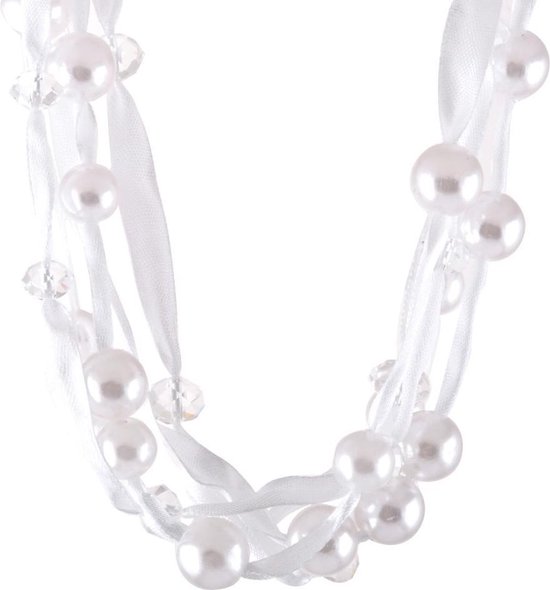 Behave Collier court longueur 46 cm, collier de mariée avec ruban blanc et perles blanches et pierres de verre taillées facettées + chaîne d'extension