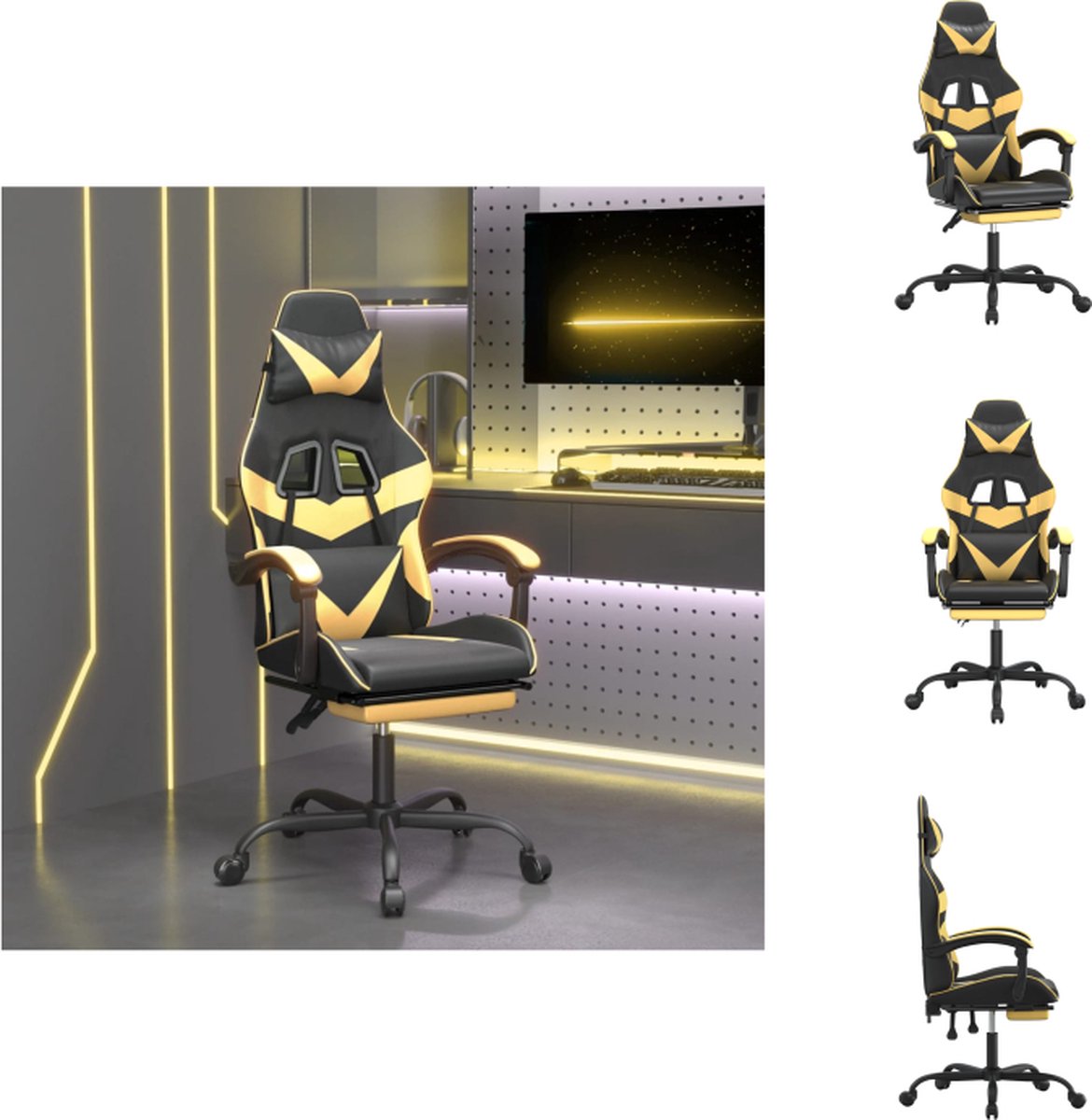 vidaXL Gamingstoel - Zwart/Goud - Kunstleer - Verstelbaar - Met kussens en voetensteun - Bureaustoel