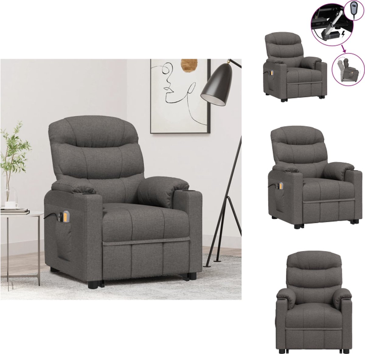 VidaXL Sta-op-massagestoel Donkergrijs Verstelbaar Massagefunctie Hout en metaal 75.5 x 92 x 105 cm Fauteuil