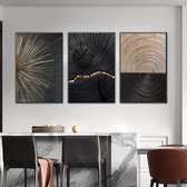 Set van 3 wandschilderijen, 40 x 50 cm, moderne Nordic muurschildering, designposter, kunstdruk, decoratief schilderij, zwart, wit, goud, jaarring, lijnen, decoratie voor de woonkamer