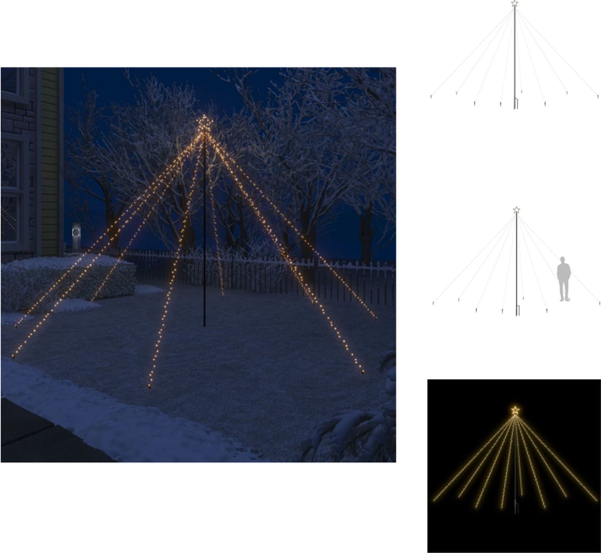 vidaXL Kerstboomverlichting - Watervalontwerp - 576 LEDs - 8 snoeren - Warmwit - 3.7m snoerlengte - 3.6m hoogte - IP44 - Stroomsnoer 10m - Inclusief ster - Decoratieve kerstboom