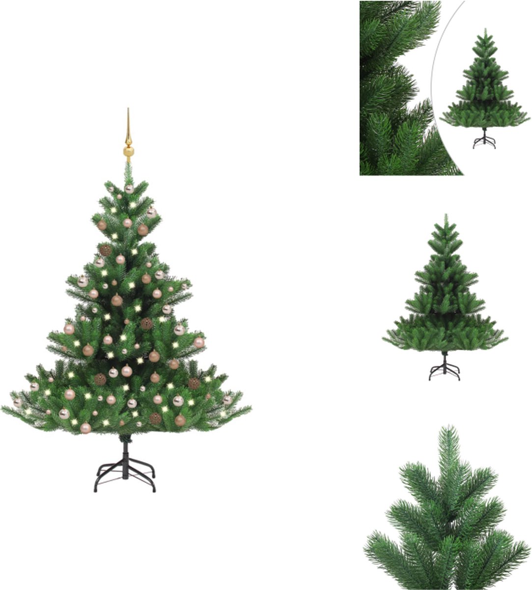 vidaXL Kunstkerstboom - Nordmann - 210 cm - PE - LED-verlichting - Inclusief kerstballen en piek - Groen - Diameter 150 cm - Stalen standaard - Montage vereist - Decoratieve kerstboom