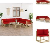 vidaXL Ensemble de salon palette - Canapé d'angle 64x64x70 cm - Canapé du milieu 60x64x70 cm - Table/repose-pieds 60x60x36,5 cm - kussen rouge - Ensemble de jardin