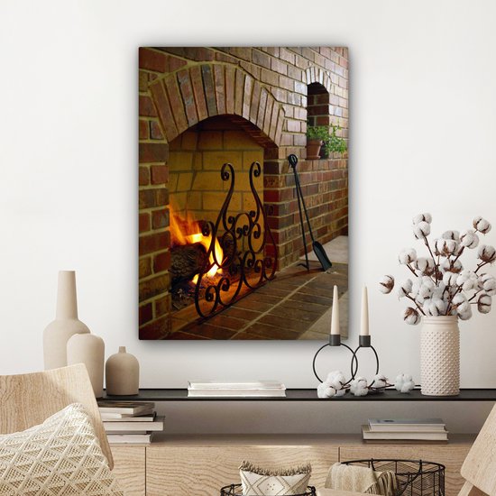 Feu dans une cheminée 60x80 cm - Tirage photo sur toile (Décoration murale salon / chambre)