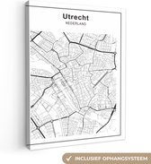Canvas Schilderij Stadskaart - Utrecht - Zwart Wit - 60x80 cm - Wanddecoratie