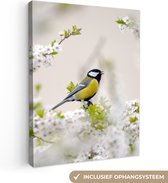 Canvas - Schilderij - Vogel - Koolmees - Bloemen - Bloesemboom - Wit - Schilderijen op canvas - Foto op canvas - 30x40 cm - Muurdecoratie - Woonkamer