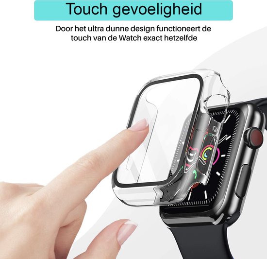 Vinger raakt transparante Apple Watch hoes aan. Tekst: 'Touch gevoeligheid'.