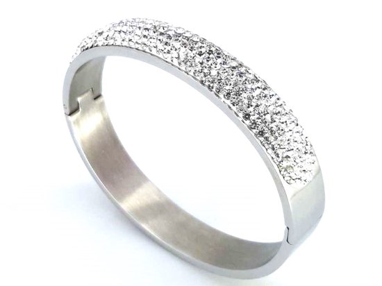 Chique - Stainless Steel - Dames – Baugle Armband - Zilverkleur – 7 rijen Strass steentjes, de Luxe armband voor de feestdagen of schitterend als cadeau.