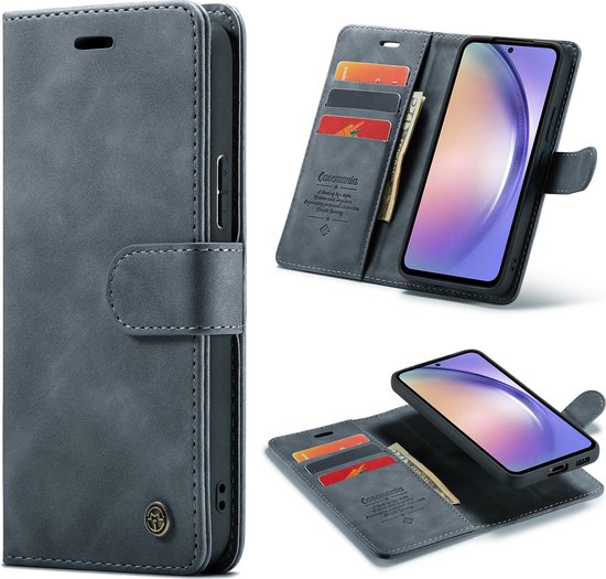 Donkergrijs Casemania telefoonhoesje, collage van gesloten en open boekhoesje.