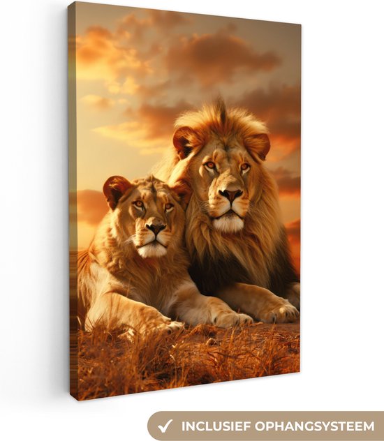 Toile Imprimée Lion Et Lionceau Au Coucher Du Soleil, Décoration Animale XXL