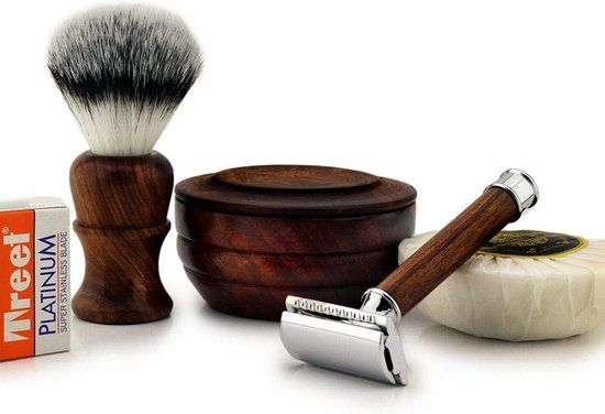 Scheerset voor mannen - Haryali London Rose Wood Double Edge Razor & Brush Set met scheerzeep en kom voor het scheren van mannen thuis en in de salon
