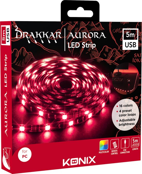Drakkar - Aurora Led Strip - 5M - télécommande - USB - 16 couleurs - réglable