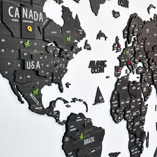 IWA Concept - Wereldkaart 3D en bois - Décoration murale - Wereldkaart - Panneau mural en bois - Accessoires de vêtements pour bébé de bureau - Cadeau de pendaison de crémaillère - Décoration murale - Medium - 100x54 CM