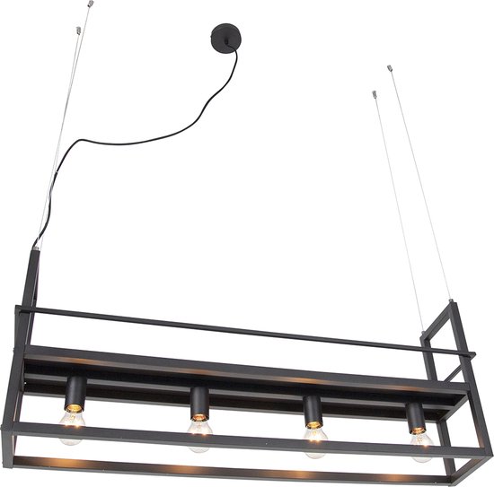 QAZQA cage rack - Industriele Hanglamp eettafel voor boven de eettafel | in eetkamer - 4 lichts - L 100 cm - Zwart - Industrieel - Woonkamer | Slaapkamer | Keuken - QAZQA