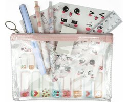 foto van Ainy Standaard 9-delig Schrijfset - etui gevuld met duurzaam potloden, pen, gum, liniaal en stickers - pennenzak set geschikt voor meisjes en jongens - kawaii middelbare schoolspullen