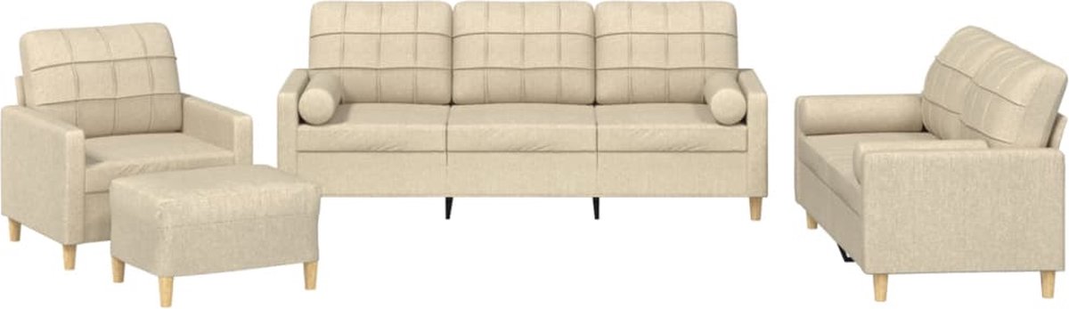 vidaXL - 4-delige - Loungeset - met - kussens - stof - crèmekleurig