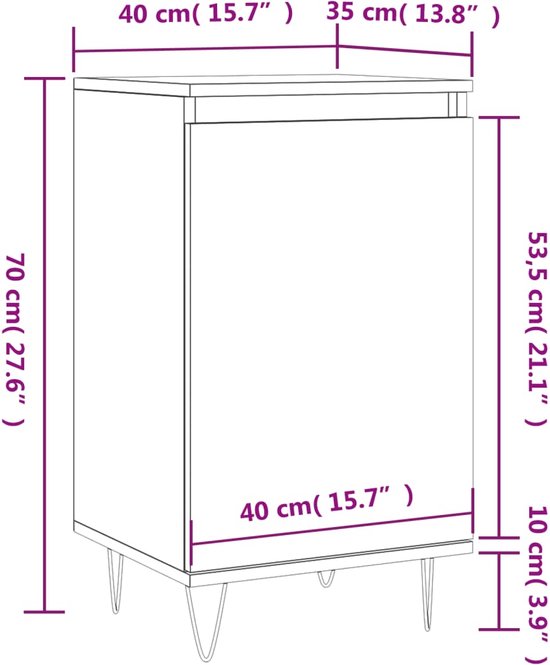 Afmetingen van een dressoir met eikenprint en zwarte hairpin poten, inclusief hoogte en breedte.