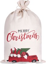 BRUBAKER Kerstzak Kerstauto - Merry Chritsmas - 80 cm Cadeauzak Kerstmis - Kerstmannenzak Katoen met Koord voor Geschenken - Kabouterfamilie in Auto met Dennenboom