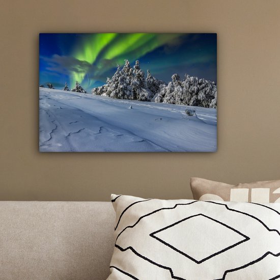 Aurores boréales au-dessus d'un paysage d'hiver avec des arbres toile 2cm 30x20 cm - petit - Tirage photo sur toile (Décoration murale salon / chambre) / phénomènes naturels Peintures sur toile