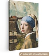 Canvas schilderij 90x140 cm - Wanddecoratie Meisje met de parel - Johannes Vermeer - Molen - Muurdecoratie woonkamer - Slaapkamer decoratie - Kamer accessoires - Schilderijen