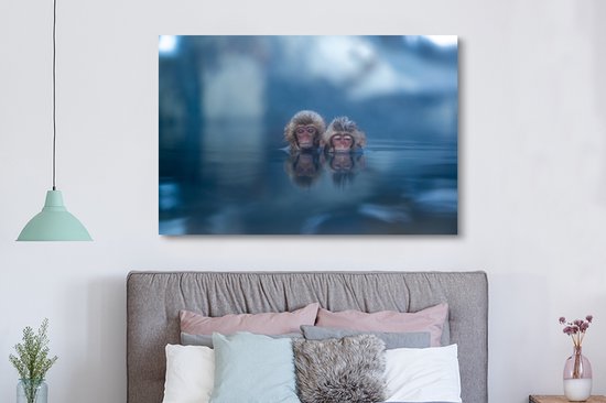 Canvas schilderij 180x120 cm - Wanddecoratie Japans - Apen - Water - Dieren - Landschap - Muurdecoratie woonkamer - Slaapkamer decoratie - Kamer accessoires - Schilderijen