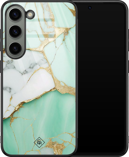Verre de boîtier Samsung Galaxy S23 - Marbre menthe or - Vert lime - Étui rigide Zwart - Étui de téléphone de couverture arrière - Marbre - Casimoda