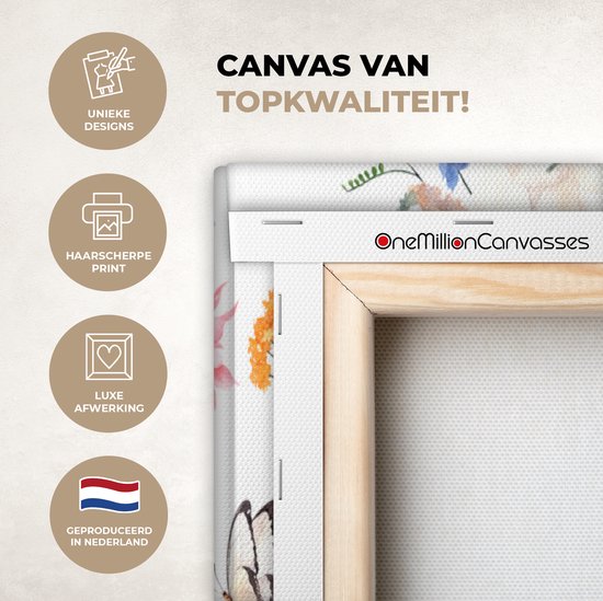 Tableau sur toile Fleurs - Papillons - Collage - 80x120 cm - Décoration murale