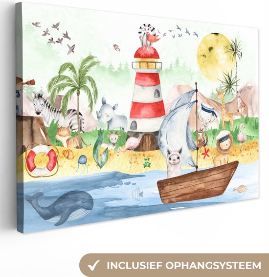 Canvas kind - Kinderkamer decoratie - Kind - Vuurtoren - Strand - Zee - Dieren - Boot - Canvas schilderij dieren - Wanddecoratie kinderkamers - 150x100 cm