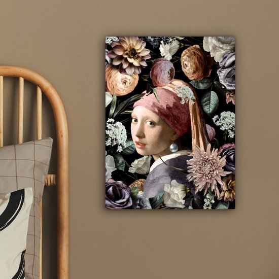 Toile de Oude Meesters - 30 x 40 - Peinture sur toile - Vermeer - Fleurs - Fille avec une boucle d'oreille en perle