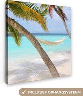Canvas Schilderij Zomer - Palmboom - Hangmat - 50x50 cm - Wanddecoratie