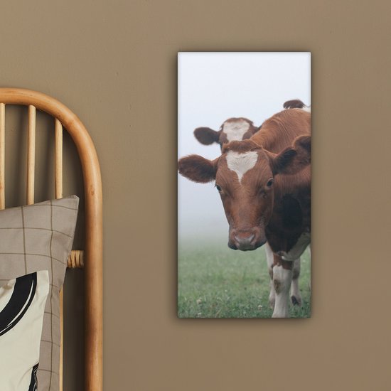 Tableau Peinture Vaches - Marron - Brouillard - 20x40 cm - Décoration murale