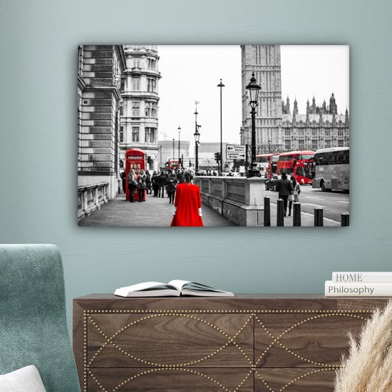 Photo Zwart et blanc d'une femme en robe rouge Toile 90x60 cm - Tirage photo sur toile (Décoration murale salon / chambre)