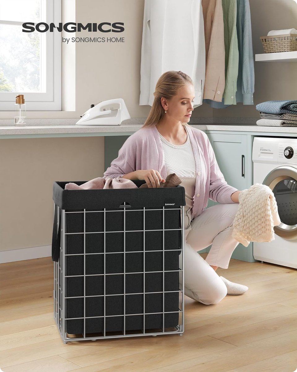 Goedkoopste Wasmand 90 l, opvouwbare wasmand, afneembare en wasbare waszak, metalen draadframe, voor slaapkamer, badkamer, bijkeuken, zilver-zwart