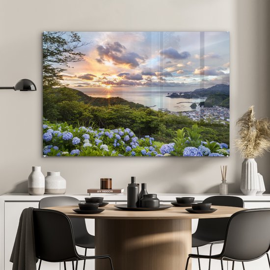 Peinture sur Verre - Coucher de Soleil avec Hortensia - 120x80 cm - Peintures sur Verre Peintures - Photo sur Glas