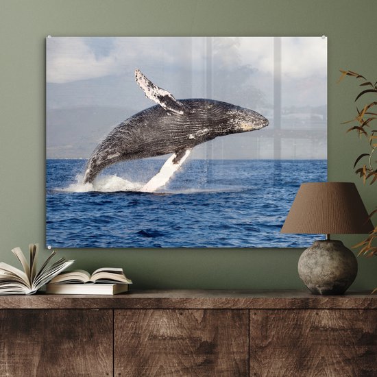 MuchoWow® Peinture sur verre 80x60 cm - Peinture sur verre acrylique - Une baleine à bosse sautant hors de l'eau - Photo sur verre - Peintures