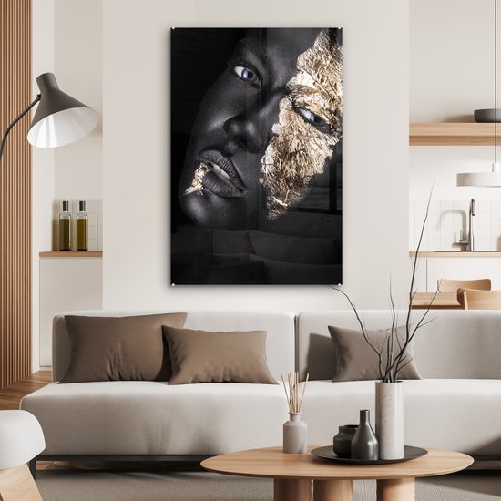 MuchoWow® Peinture sur verre 80x120 cm - Peinture sur verre acrylique - Femme - Or - Zwart - Peinture - Luxe - Photo sur verre - Peintures