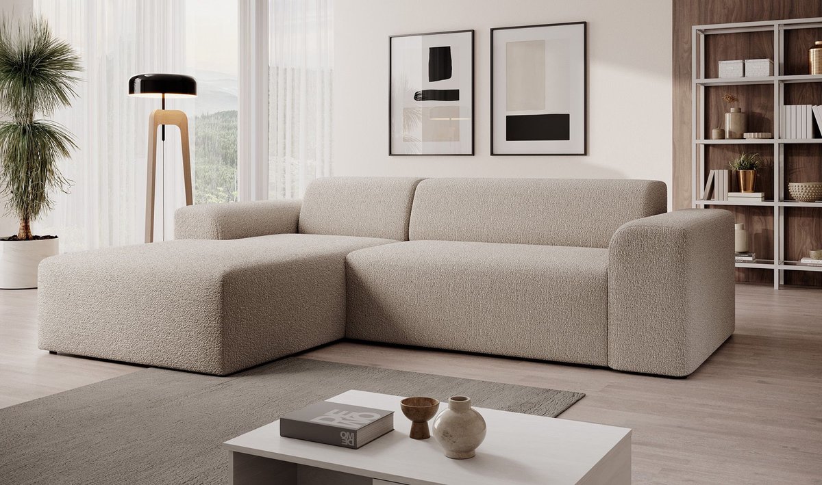 Meubella - Zamzi - Hoekbank 3-zits met chaise longue - Beige - Teddy boucle stof - Links