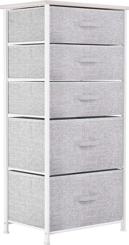 Narrow Chest of Drawers with 5 Drawers Fabric Storage Chest of Drawers Modern Style for Bedroom, Living Room, Children's Room, Hallway, Light Grey Storage Cabinet