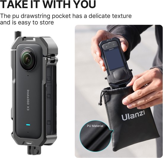 Een persoon plaatst de Insta360 X3 in een zwarte Ulanzi kooi in een PU-trekoordtasje. De tekst "TAKE IT WITH YOU" is zichtbaar.