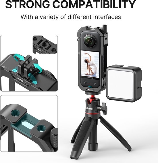 Zwarte metalen cage voor Insta360 X3 met accessoires, inclusief statief en licht.