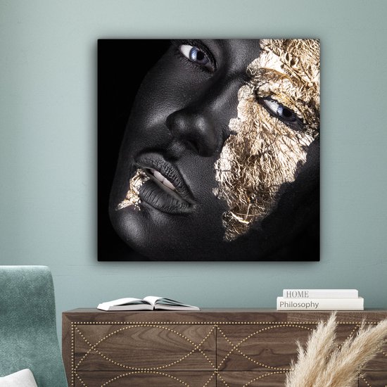Toile Peinture Femme - Goud - Zwart - Peinture - Luxe - 90x90 cm - Décoration murale