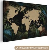 Canvas Wereldkaart - 90x60 - Wanddecoratie Wereldkaart - Tropische Planten - Bladeren