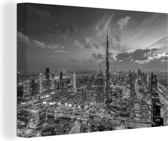 Canvas schilderij 150x100 cm - Wanddecoratie Skyline Dubai Downtown, Verenigde Emiraten - zwart wit - Muurdecoratie woonkamer - Slaapkamer decoratie - Kamer accessoires - Schilderijen